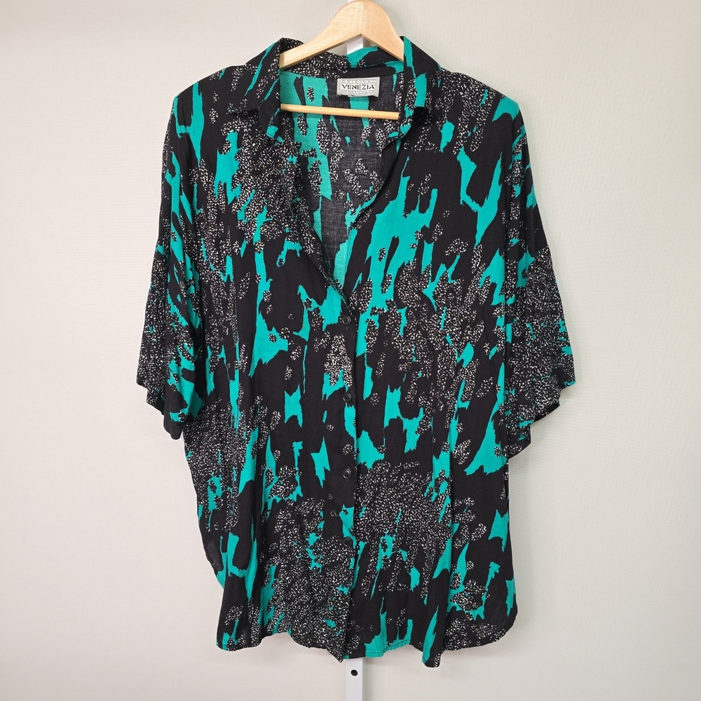 Vintage VENEZIA SPORTSWEAR Abstract Print Blouse Top Teal Black‎ Women's